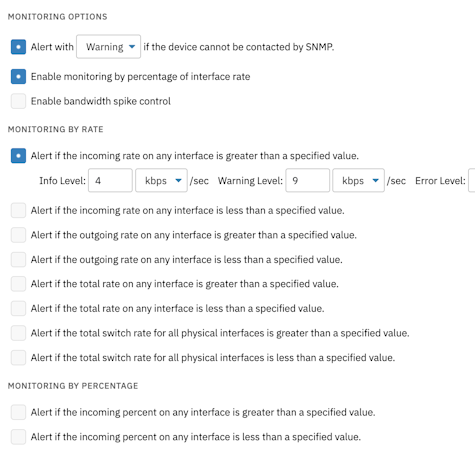 Screenshot of settings for FrameFlow's SNMP Bandwidth Event Monitor