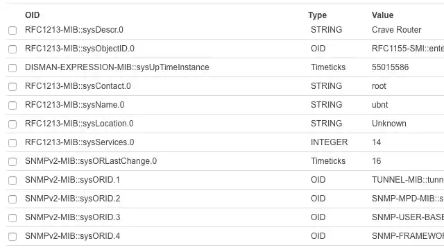 Screenshot of results from a scan by FrameFlow's free SNMP browser.