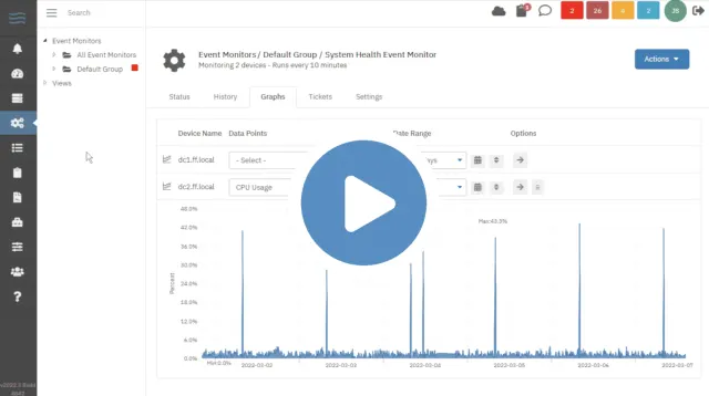 Screenshot of FrameFlow's interface showing a graph of CPU usage from a System Health Event Monitor.